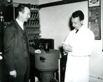 Linus Pauling and Dan Campbell in the laboratory, California Institute of Technology.