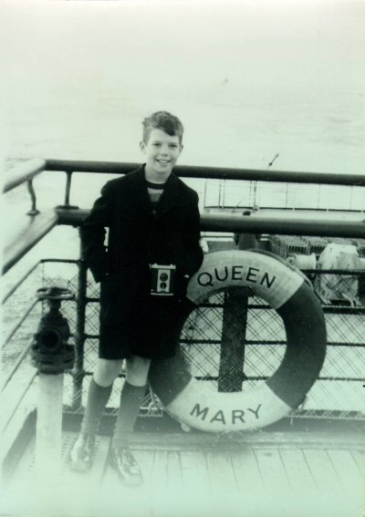 Crellin Pauling standing on the deck of the Queen Mary. Picture. 1948