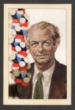 Oil portrait of Linus Pauling, featuring a model of the alpha-helix in the foreground.