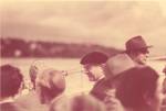 Linus Pauling on a crowded boat off the coast of Sweden.