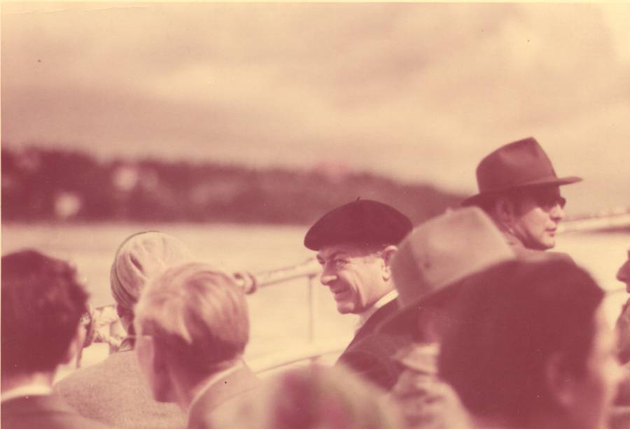 Linus Pauling on a crowded boat off the coast of Sweden.