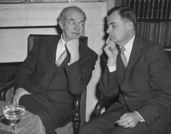 Linus Pauling sitting with Frederick C. Robbins at the 1954 Nobel Prize gathering. Stockholm, Sweden.