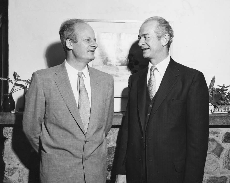 Hans Bethe and Linus Pauling at the home of Cornell University professor Frank Long.  Ithaca, New York.