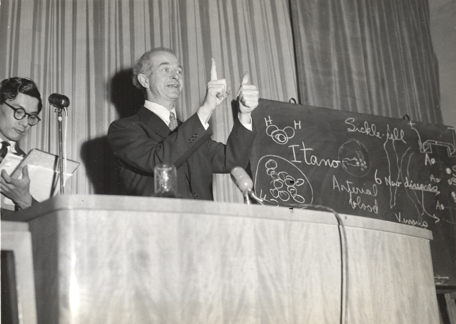 Linus Pauling lecturing on hemoglobin. Tokyo, Japan.