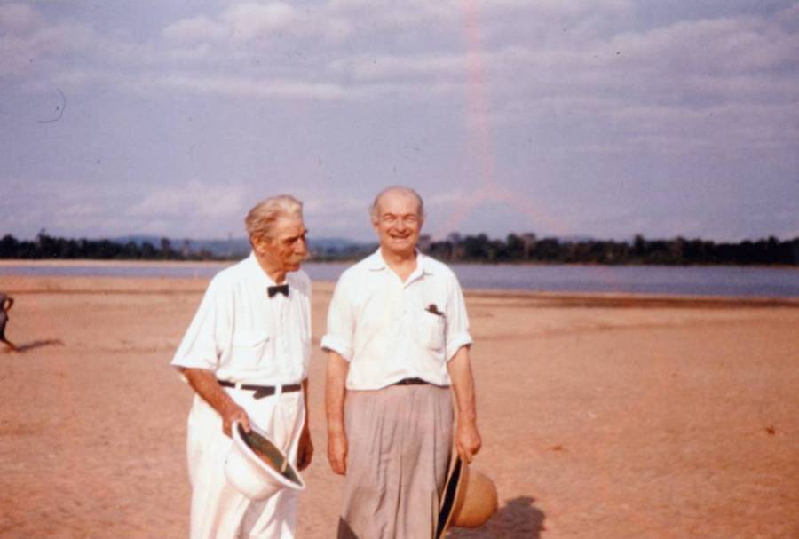 Albert Schweitzer and Linus Pauling at the Schweitzer compound, Lambéréne, Gabon.