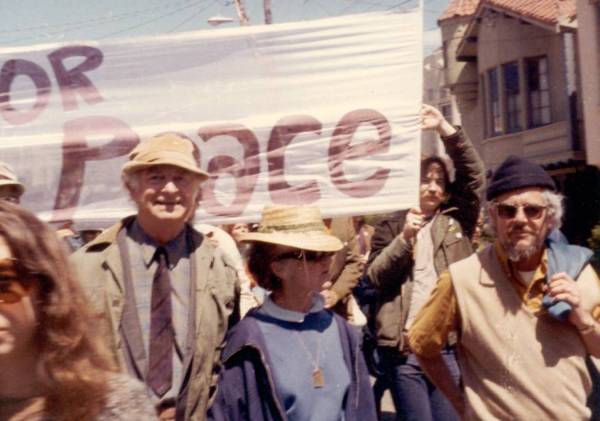 Linus and Ava Helen Pauling demonstrating in the streets for peace. San Francisco, California.