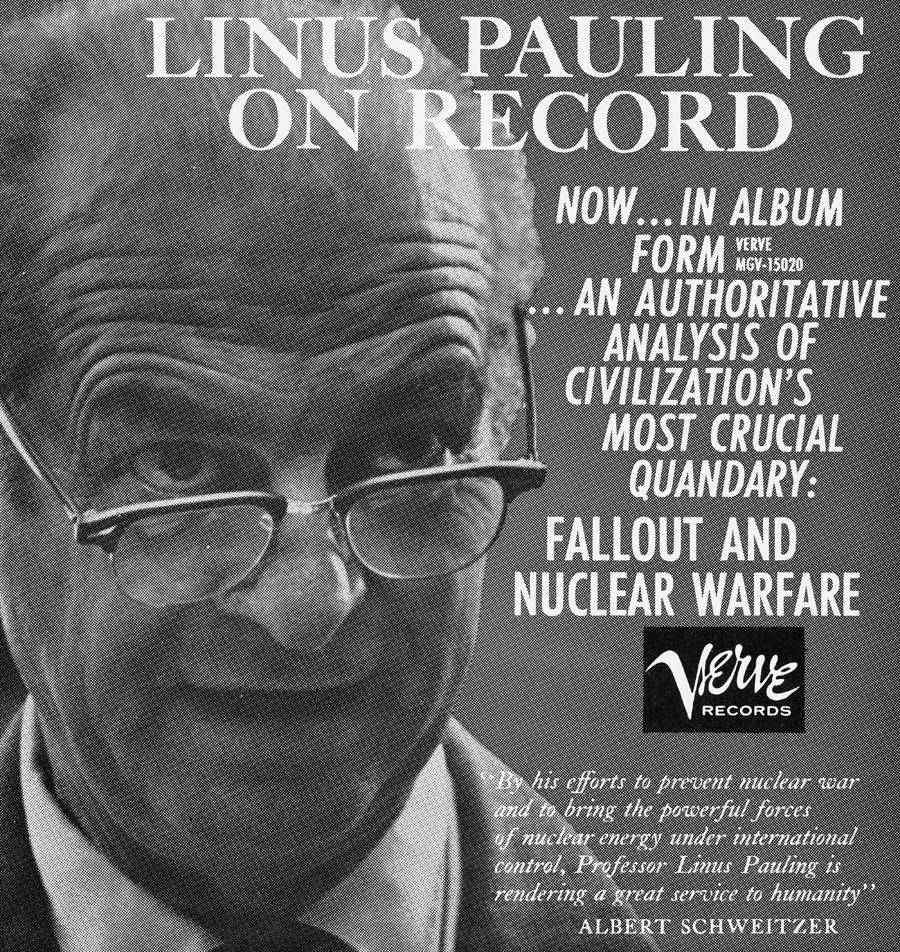 Promotional flyer for Linus Pauling's Verve recording on fallout and nuclear warfare.