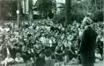 Linus Pauling speaking at a peace march in Westlake Park. Beverly Hills, California.