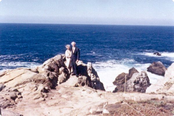 Linus and Ava Helen Pauling at the top of an oceanside cliff. Picture. 1963