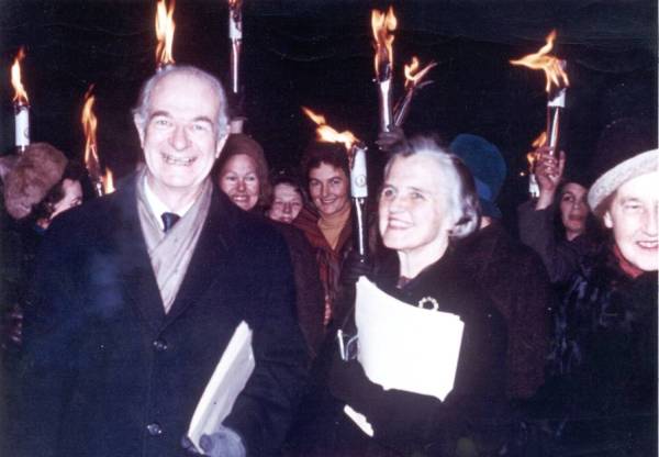 Linus and Ava Helen Pauling at a torchlight procession, Oslo, Norway.