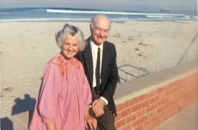 Ava Helen and Linus Pauling at the beach, La Jolla, California. Picture. 1969