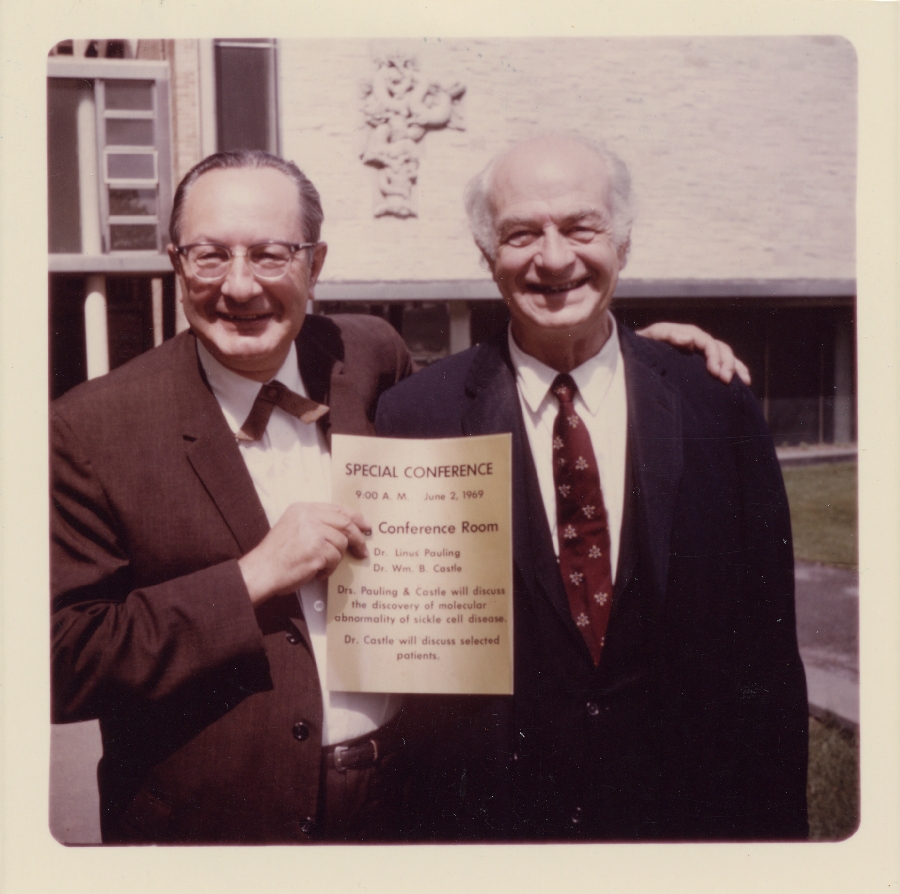 Sam Morall and Linus Pauling, prior to a joint presentation made by Pauling and William B. Castle, Milwaukee, Wisconsin.