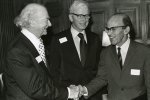 Linus Pauling, Max Delbrück and Max Perutz at the American Chemical Society centennial meeting, New York.