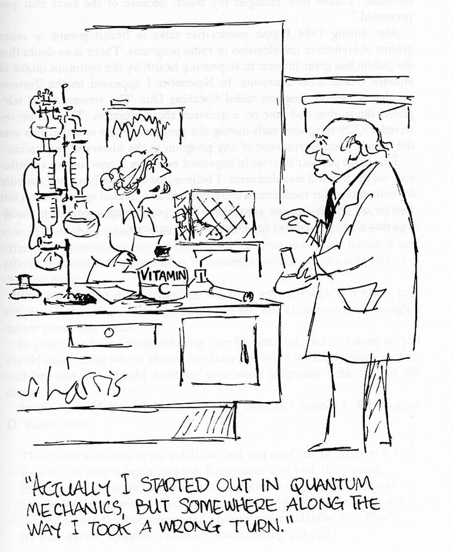 Cartoon of Linus Pauling in the laboratory, by Sidney Harris.