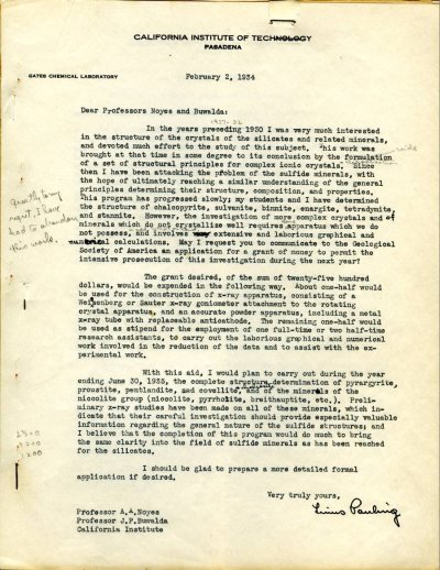 Letter from Linus Pauling to A.A. Noyes and J.P. Buwalda. Page 1. February 2, 1934