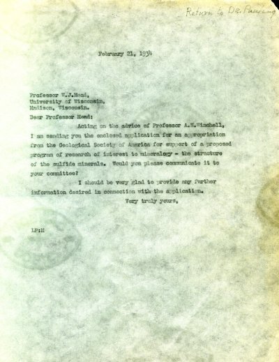 Letter from Linus Pauling to W.J. Mead. Page 1. February 21, 1934