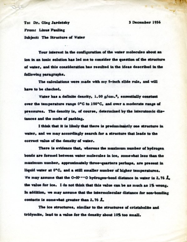 Letter from Linus Pauling to Oleg Jardetzky. Page 1. December 3, 1956
