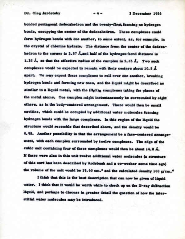 Letter from Linus Pauling to Oleg Jardetzky. Page 4. December 3, 1956