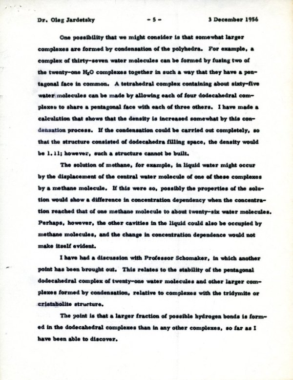 Letter from Linus Pauling to Oleg Jardetzky. Page 5. December 3, 1956