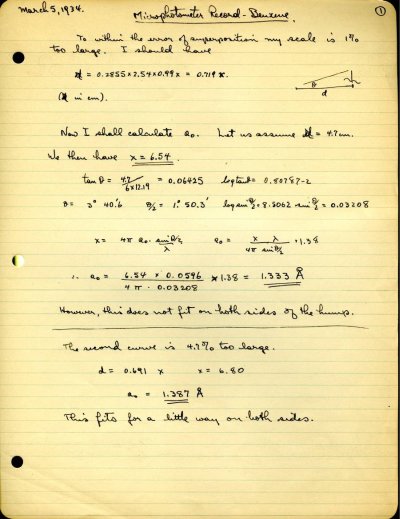 "Microphotometer Record – Benzene" Page 1. March 5, 1934