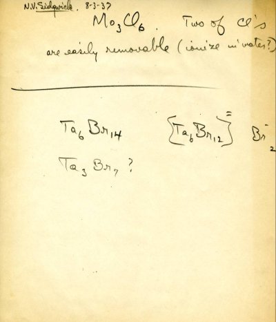 Notes re: the structure of Mo3Cl6 and Ta6Br14 Page 1. August 3, 1937