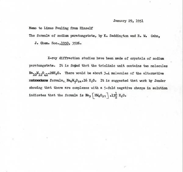 Linus Pauling note to self concerning research on the formula for sodium paratungstate. Page 1. January 29, 1951