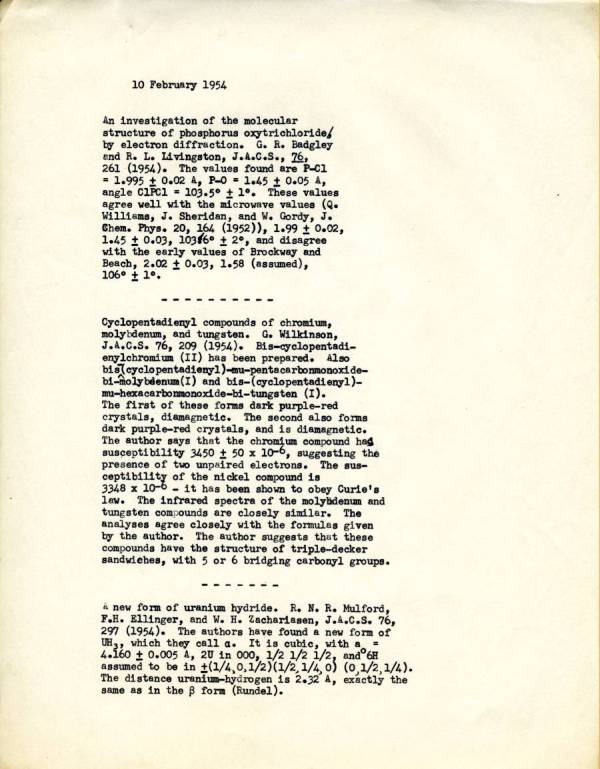 Linus Pauling note to self summarizing research publications on the structures of phosphorus oxytrichloride, cyclopentadienyl compounds, and uranium hydride. Page 1. February 10, 1954