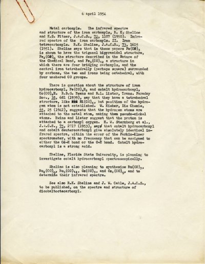 Linus Pauling note to self summarizing research publications on the structure of metal carbonyls. Page 1. April 6, 1954