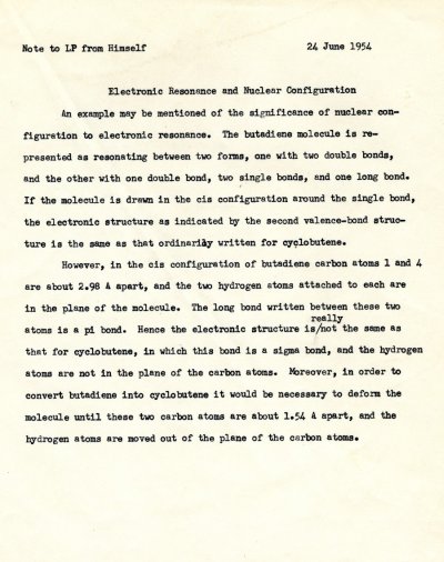 Linus Pauling note to self concerning electronic resonance and nuclear configuration. Page 1. June 24, 1954