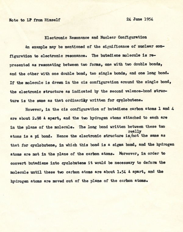 Linus Pauling note to self concerning electronic resonance and nuclear configuration. Page 1. June 24, 1954