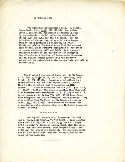 Linus Pauling note to self summarizing research publications on the structures of hydrazoic acid, samarium and formamide. Page 1. October 18, 1954
