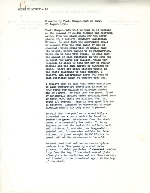 "Comments by Prof. Haagen-Smit on smog." Page 1. August 23, 1956