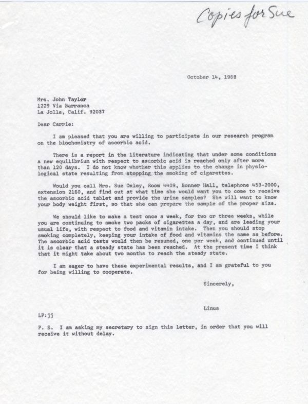 Letter from Linus Pauling to Mrs. John Taylor. Page 1. October 14, 1968