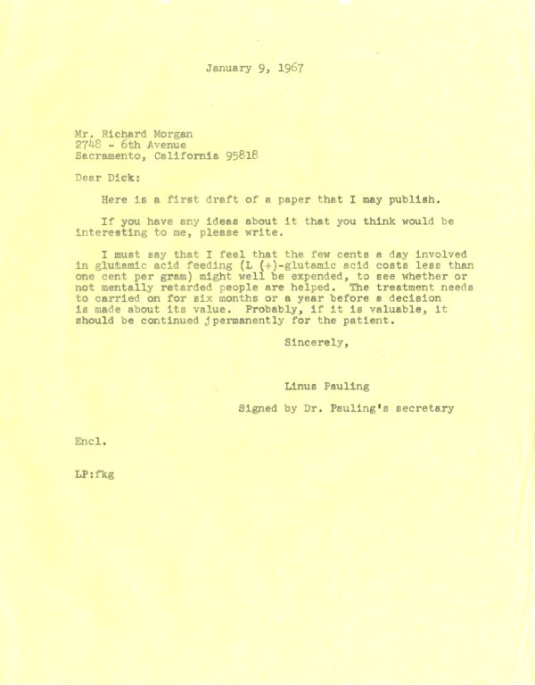 Letter from Linus Pauling to Elna Poppe. Page 1. January 9, 1963