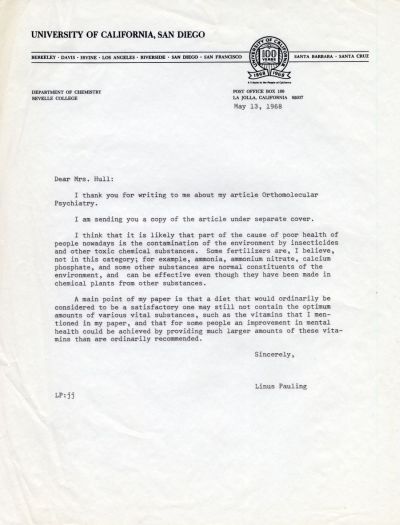 Letter from Linus Pauling to Claire F. Hull. Page 1. May 13, 1968