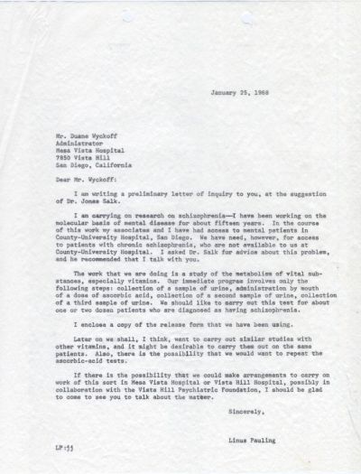 Letter from Linus Pauling to Duane Wyckoff. Page 1. January 25, 1968