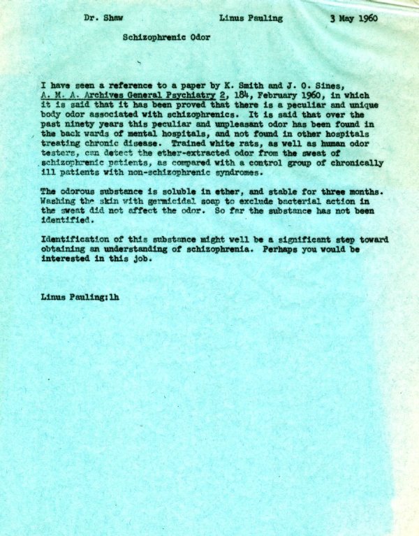 Memorandum from Linus Pauling to Kenneth Shaw. Page 1. May 3, 1960