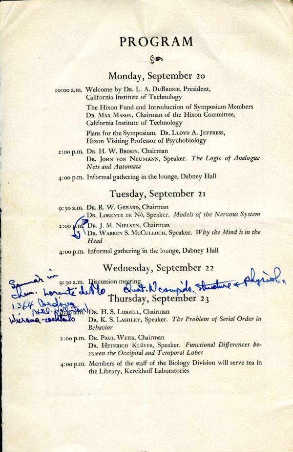 Program: "Hixon Symposium on Cerebral Mechanisms in Behavior," California Institute of Technology, Pacific State Hospital, Pomona, California. Page 1. September 20, 1948