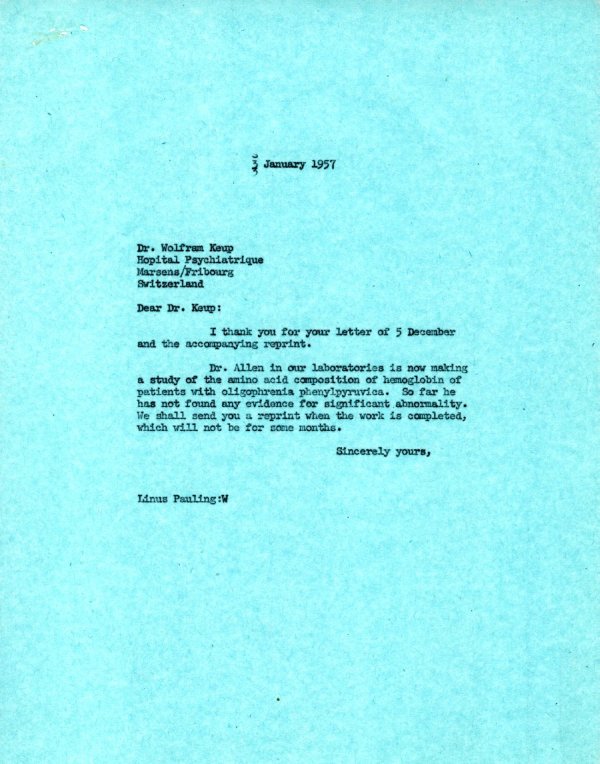 Letter from Linus Pauling to Wolfram Keup. Page 1. January 3, 1957