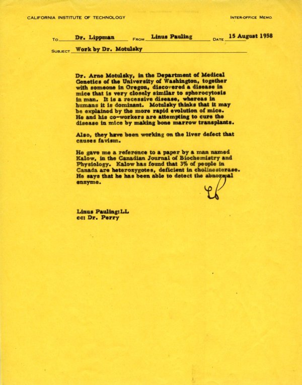 Letter from Linus Pauling to Richard W. Lippman. Page 1. August 15, 1958
