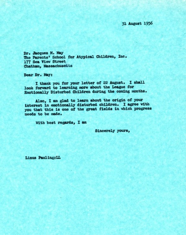 Letter from Linus Pauling to Jacques M. May. Page 1. August 31, 1956