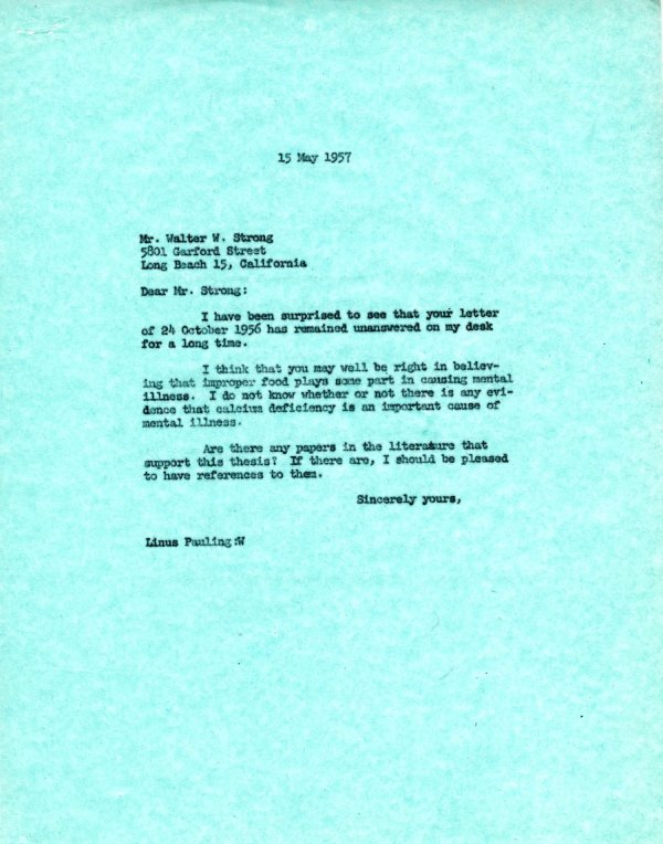 Letter from Linus Pauling to Walter W. Strong. Page 1. May 15, 1957