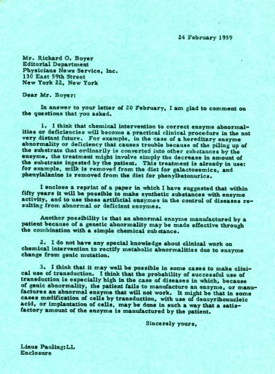 Letter from Linus Pauling to Richard O. Boyer. Page 1. February 24, 1959