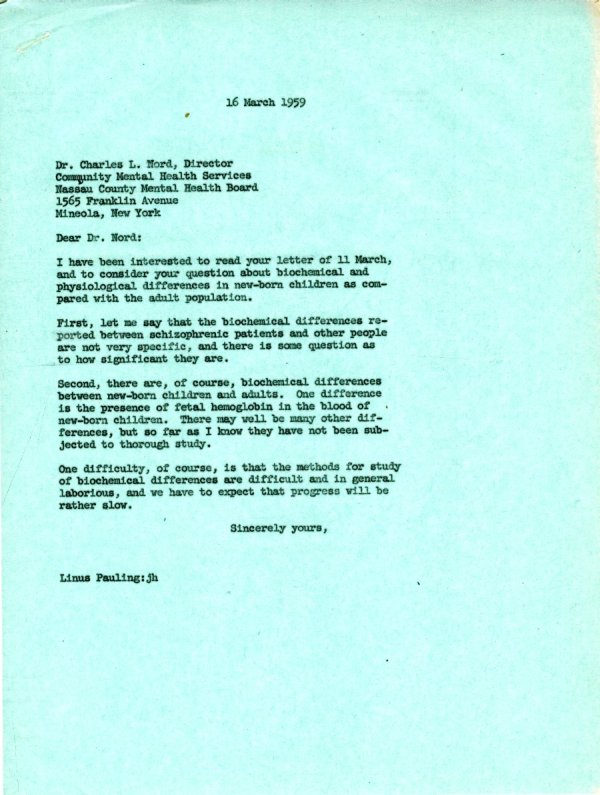 Letter from Linus Pauling to Charles L. Nord. Page 1. March 16, 1959