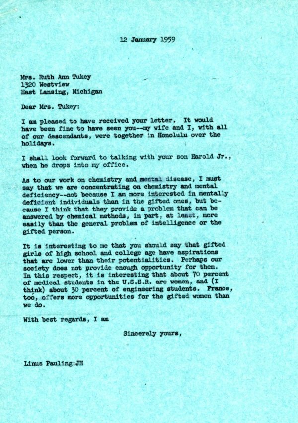 Letter from Linus Pauling to Ruth Ann Tukey. Page 1. January 12, 1959