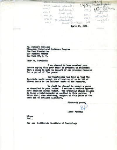 Letter from Linus Pauling to Bernard Berelson. Page 1. April 25, 1956
