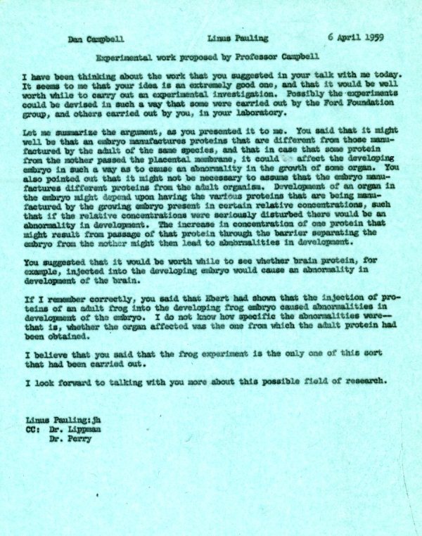 Letter from Linus Pauling to Dan Campbell. Page 1. April 6, 1959