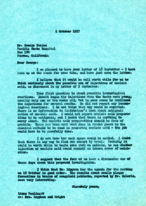 Letter from Linus Pauling to George Tarjan. Page 1. October 1, 1957