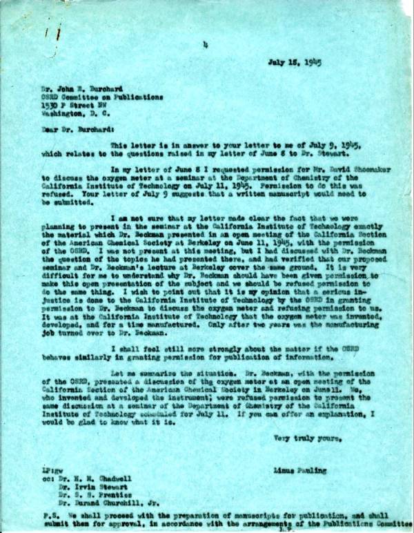 Letter from Linus Pauling to John Burchard. Page 1. July 18, 1945