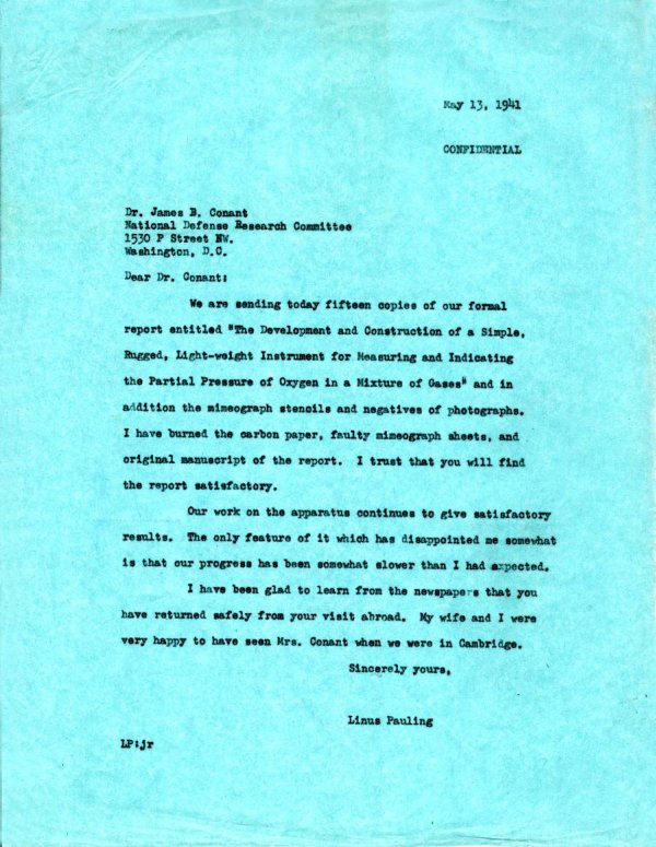 Letter from Linus Pauling to James B. Conant. Page 1. May 13, 1941
